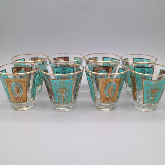 Vintage Dominion Glass Canada | Gold and Aqua Peacock Glasses (Set of 8) - Picture 9 of 9